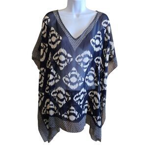 Geometric Ikat Navy Blue V-Neck Sheer Poncho Top sheer cover up beach pool